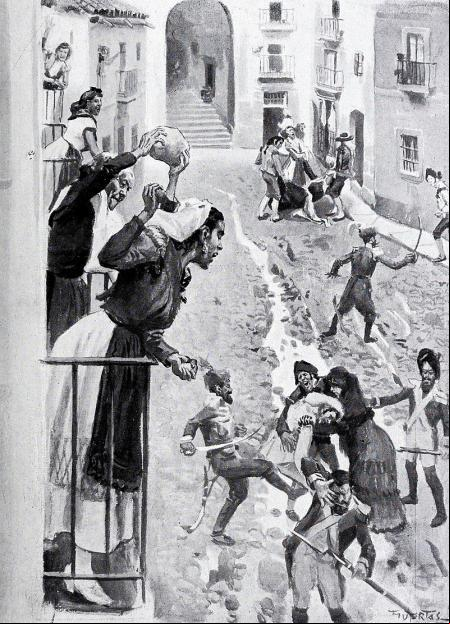'El dos de mayo en Madrid. Escenas en la calle de Cuchilleros'. Ilustración publicada en 1808.