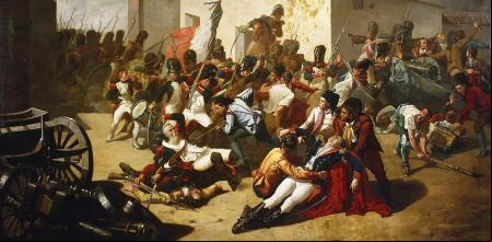 Representación de la muerte del capitán Velarde frente al arco del parque de artillería de Monteleón durante el levantamiento contra los invasores ses.