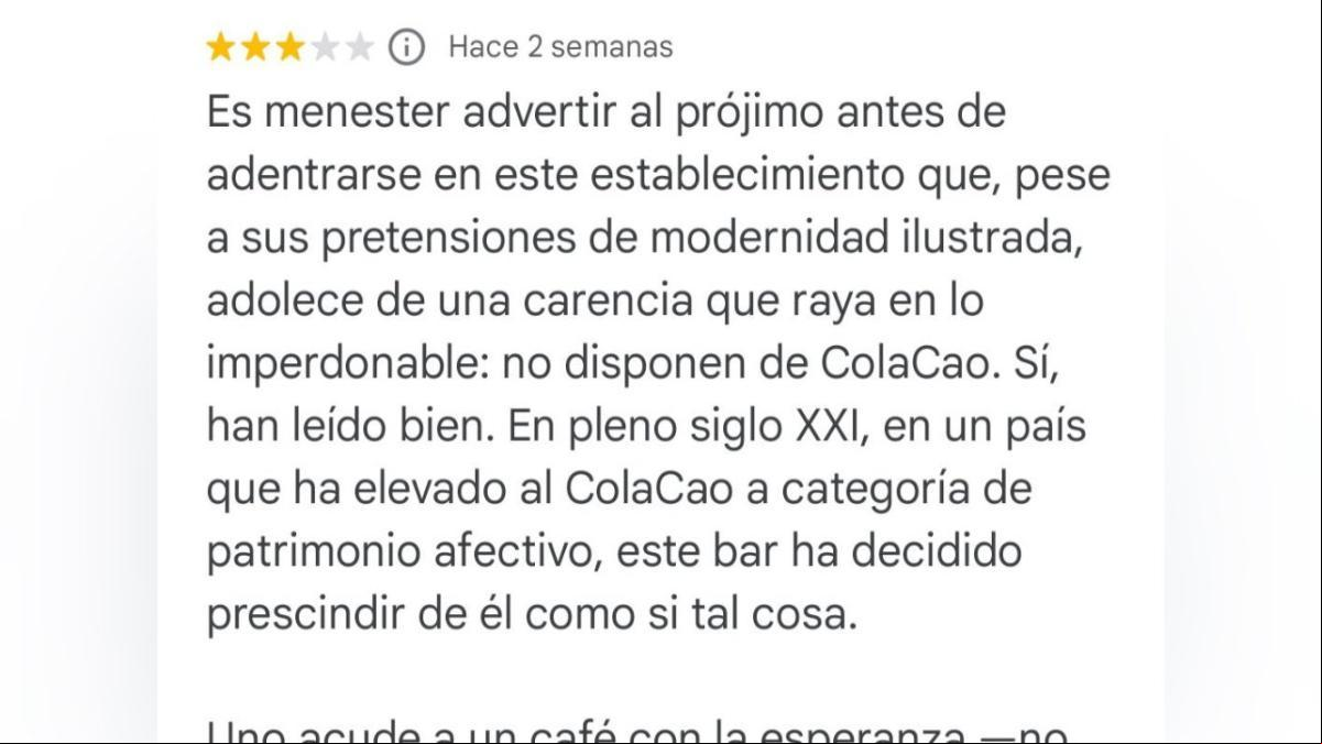La hilarante reseña de un cliente a una coctelería de Asturias que se queja de que no vendan ColaCao: “Un bar sin ColaCao es como una biblioteca sin Cervantes”